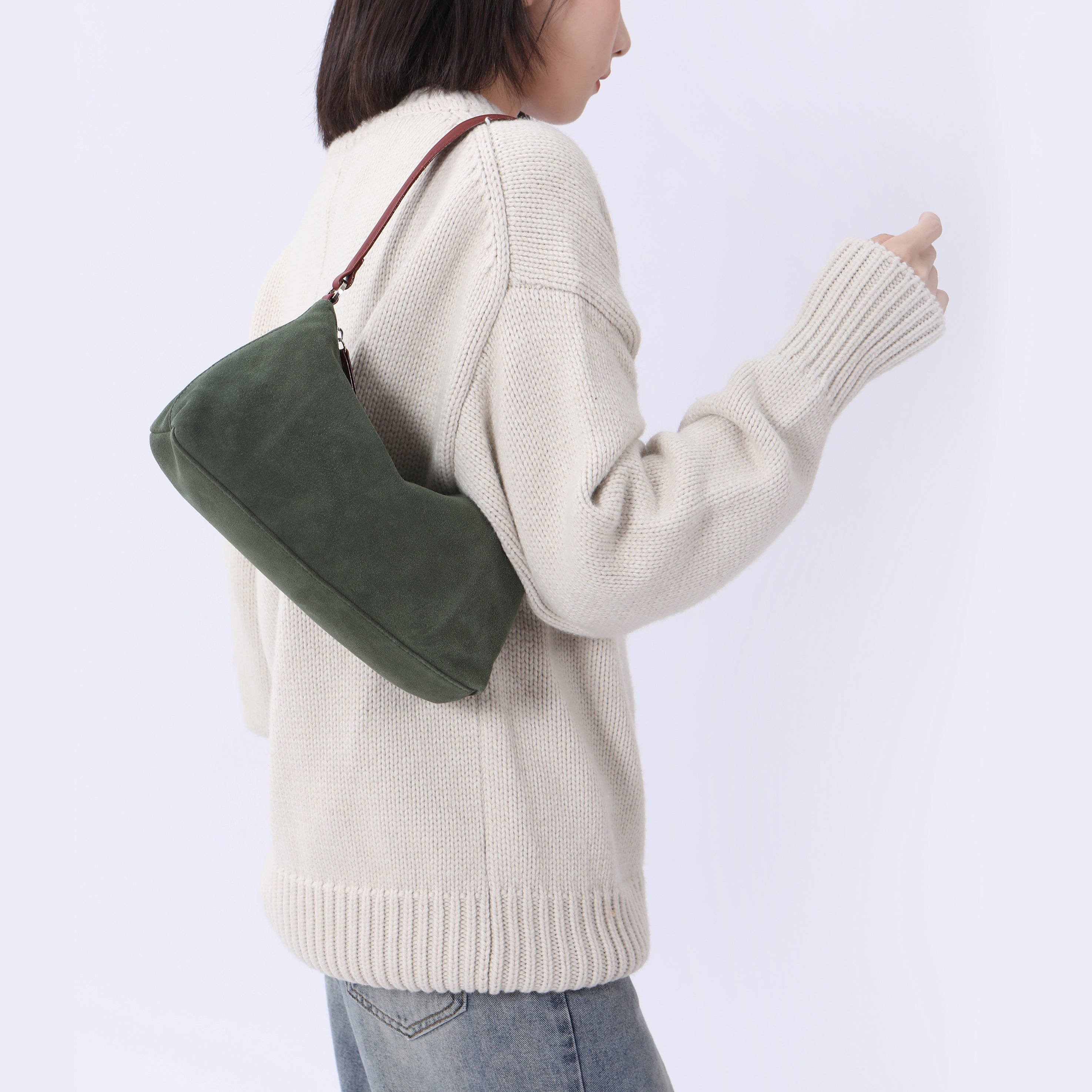 Crescent Suede Shoulder Bag - Hunter Green