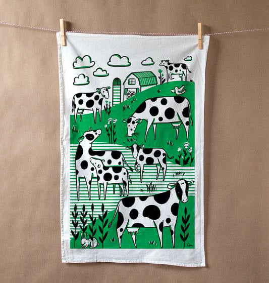 Green Field Cows Tea Towel