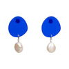 Camel Wang - Acrylic Colour-Blocking Studs Earrings (Blue Stud & White Natural Pearl)