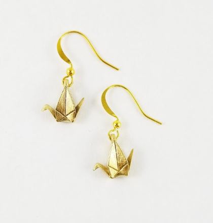 Gold Brass Origami Crane Earrings