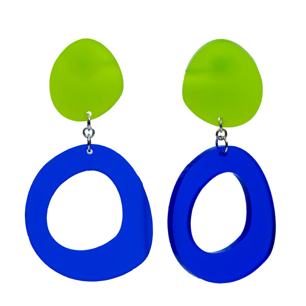 Camel Wang - Acrylic Colour-Blocking Earrings (Green Studs & Blue Donut)