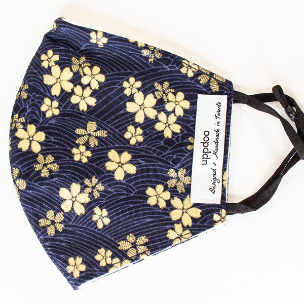 Non-medical Adult Mask - Navy Gold Cherry Blossoms